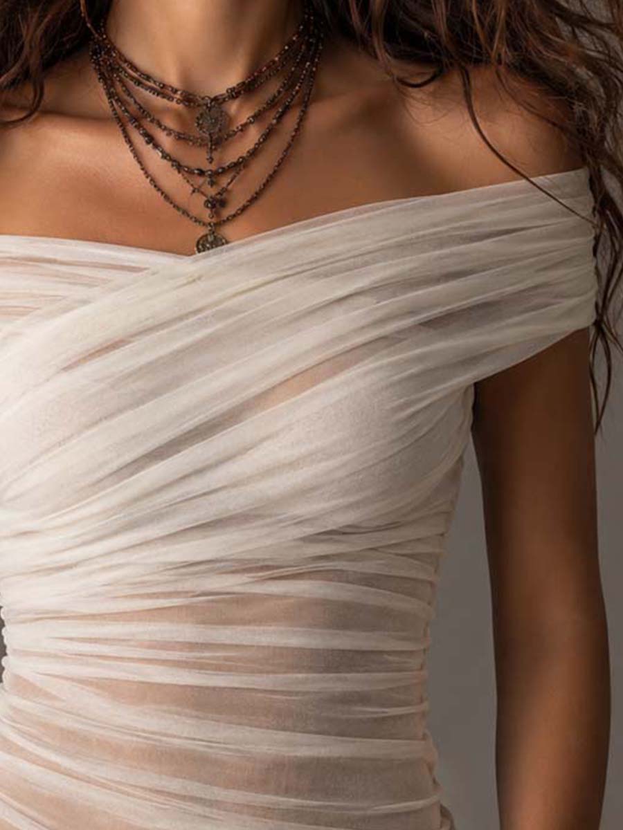 Off Shoulder Cross Wrap Ruched Mesh Slim Fit Top