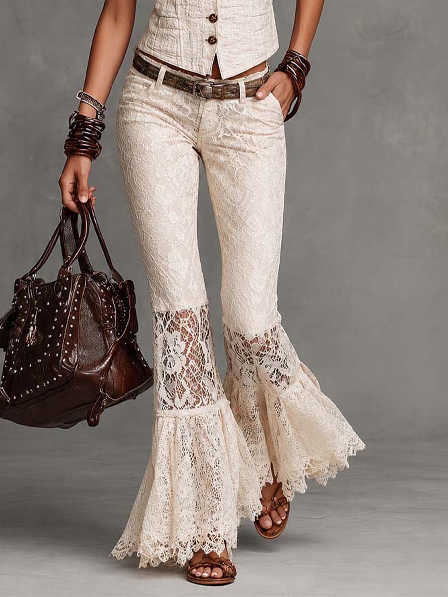 Crinkled Cotton Button-front Vest And Lace Slight-flare Trousers Set