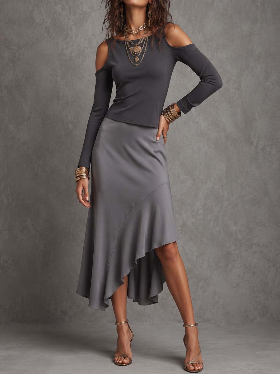 Cold Shoulder Long Sleeve Top & Asymmetrical Ruffle Satin Midi Skirt Two Piece Set
