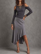 Cold Shoulder Long Sleeve Top & Asymmetrical Ruffle Satin Midi Skirt Two Piece Set