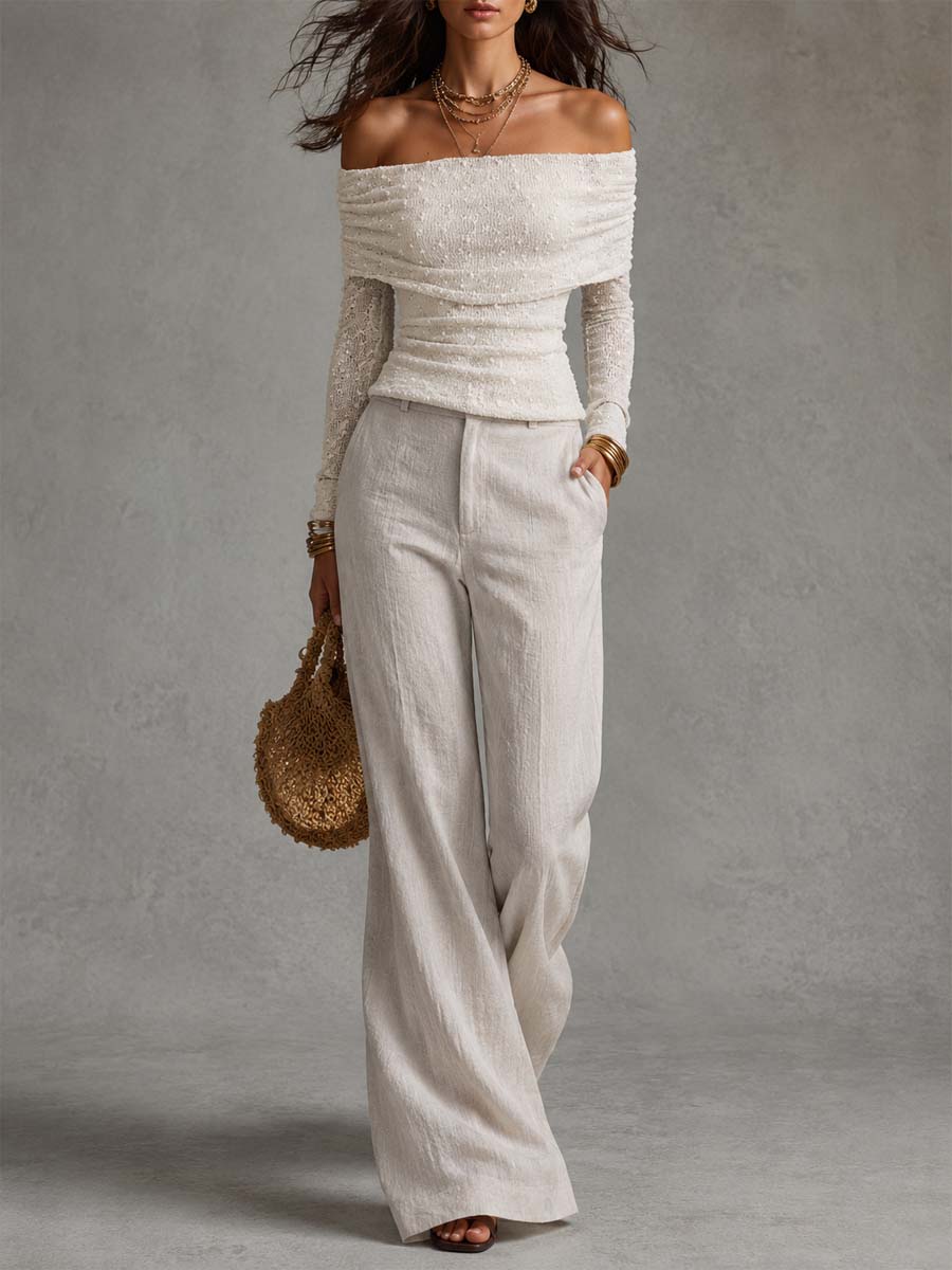 Off Shoulder Knit Texture Long Sleeve Top & Linen Wide Leg Pants Two Piece Set