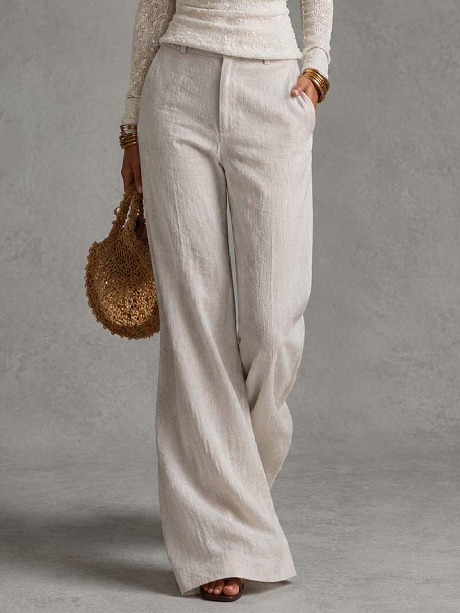 Off Shoulder Knit Texture Long Sleeve Top & Linen Wide Leg Pants Two Piece Set
