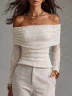 Off Shoulder Knit Texture Long Sleeve Top & Linen Wide Leg Pants Two Piece Set