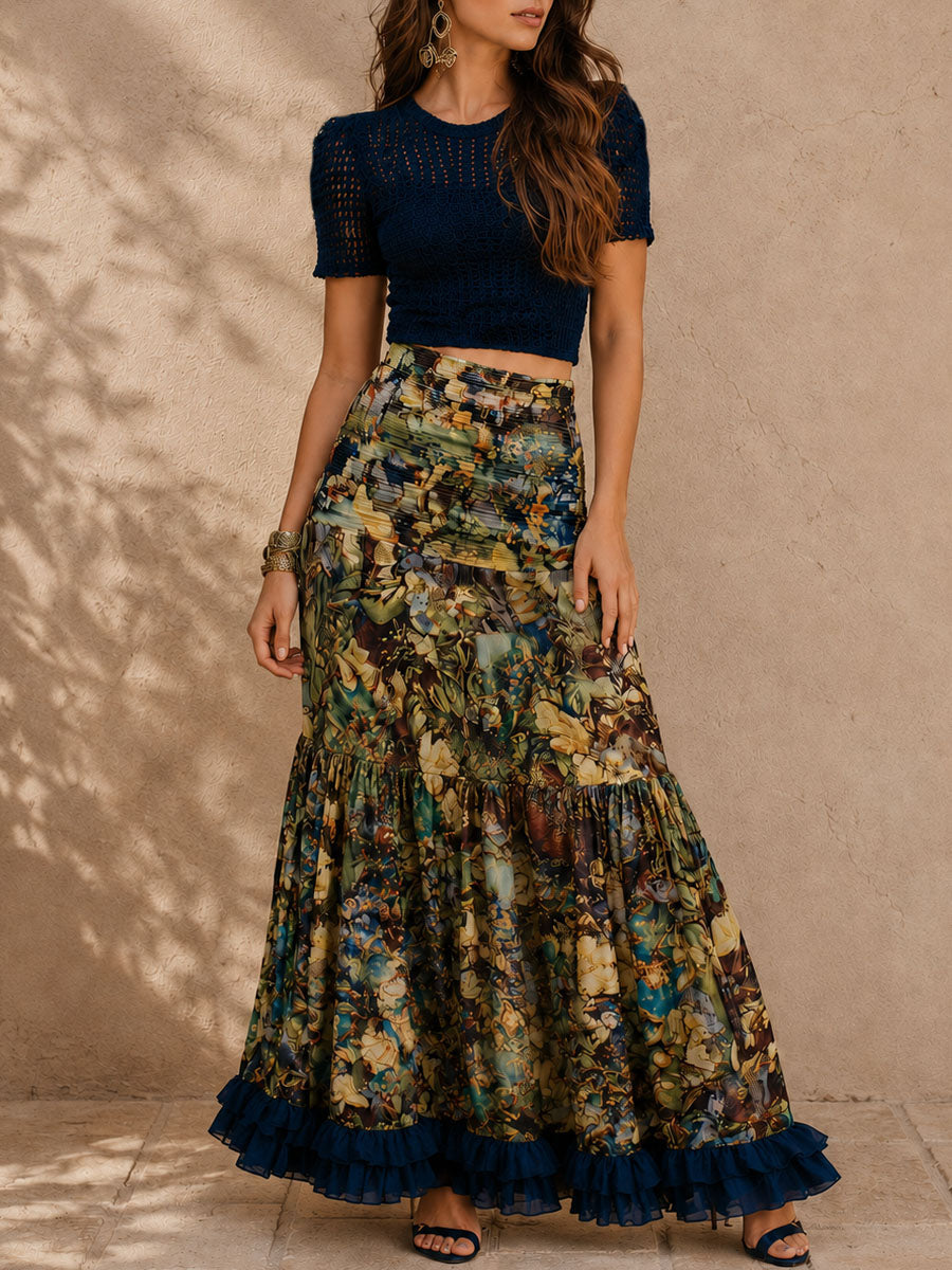 Boho Mesh Knit Top And Botanical Printnd Maxi Skirt Set