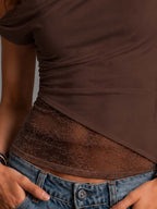 Boho Asymmetrical One Shoulder Lace Spliced Ruched Slim Fit Top