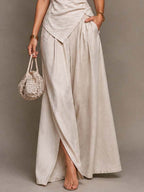 Boho Off Shoulder Ruched Button Asymmetrical Top & Split Wide Leg Pants Two Piece Set