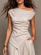 Boho Off Shoulder Ruched Button Asymmetrical Top & Split Wide Leg Pants Two Piece Set