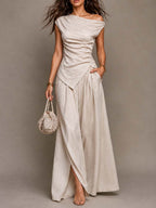 Boho Off Shoulder Ruched Button Asymmetrical Top & Split Wide Leg Pants Two Piece Set