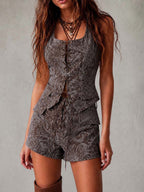 Paisley Print Square Neck Lace Up Printed Vest & Drawstring Shorts Two Piece Set