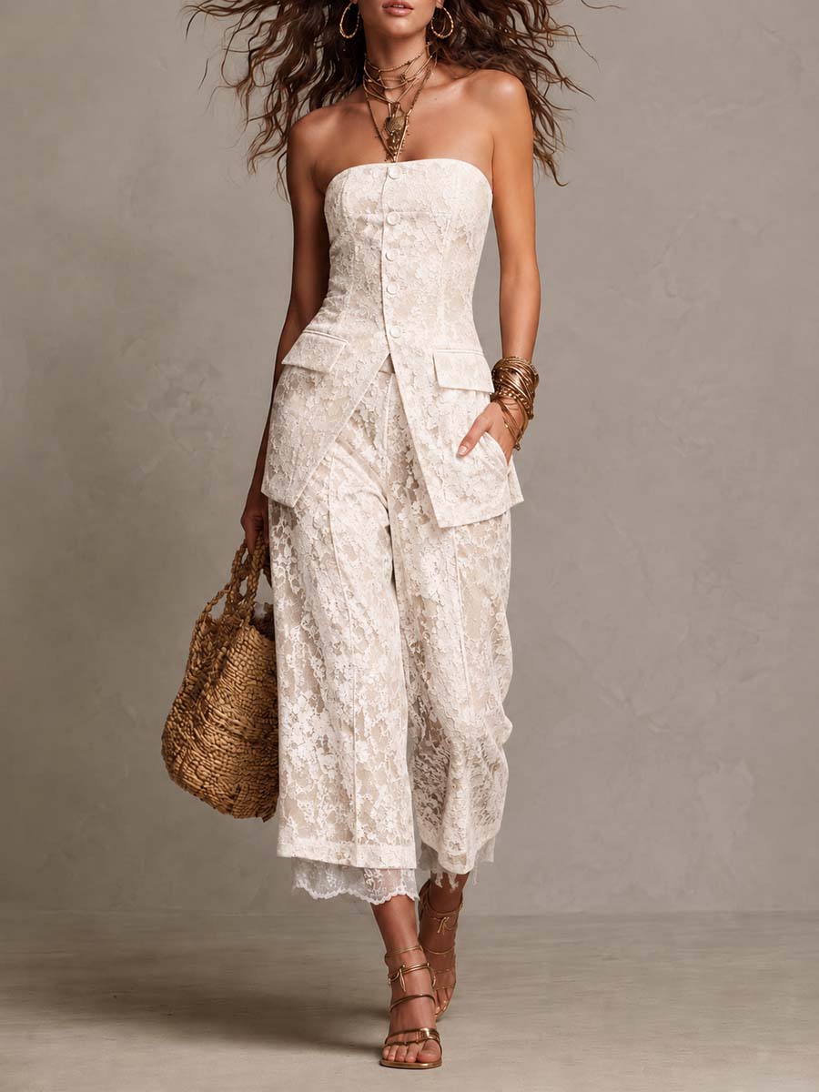 Elegant Strapless Button Front Lace Vest & Cropped Wide Leg Lace Pants Two Piece Set