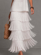 Elegant Linen Sleeveless Tank Top & Multi Layer Tassel Fringe Maxi Skirt Two Piece Set