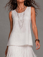 Elegant Linen Sleeveless Tank Top & Multi Layer Tassel Fringe Maxi Skirt Two Piece Set