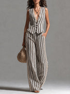 Retro Striped Slim-Fit Vest & Lace-Trimmed Wide-Leg Pants Set