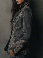 Embossed Floral Eco-Suede Blazer In Charcoal Taupe
