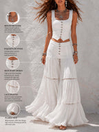 Bohemian White Ribbed Corset Top And Tiered Lace Pants Set