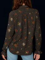 Retro Floral Print Curved Hem Ruffled Sleeves Blouse