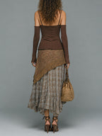 Vintage-style Top With Detachable Sleeves & Plaid-panel Skirt Set