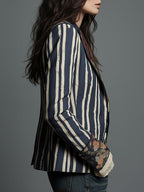 Bohemian Floral Print Cotton And Linen Striped Blazer