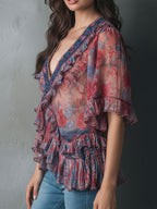 Boho Romantic V-Neck Sheer Floral Print Ruffle Blouse