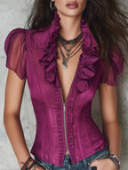 Retro Ruffled Neckline Satin Slim-fit Chiffon Short-sleeved Blouse