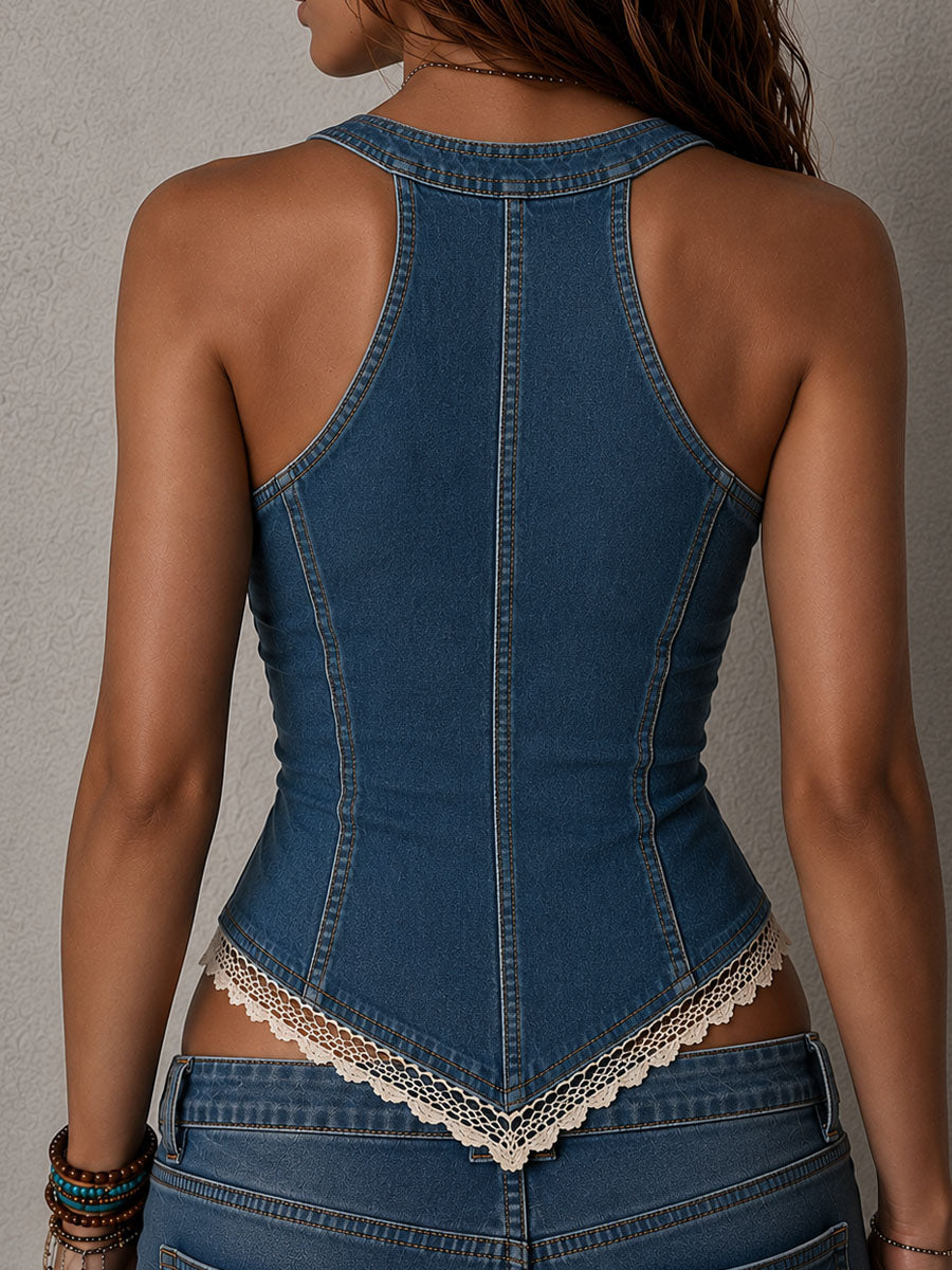 Vintage Washed Blue Denim Halter Lace-Trim Corset Vest