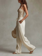 Bohemian Lace Bodycon Vest And Cotton Wide-Leg Pants Two-Piece Set
