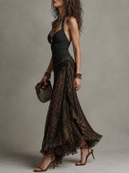 Retro Halter-Neck Tank Top & Leopard-Print Ruched Skirt Set