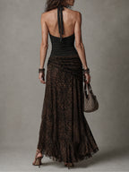 Retro Halter-Neck Tank Top & Leopard-Print Ruched Skirt Set