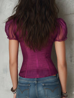 Retro Ruffled Neckline Satin Slim-fit Chiffon Short-sleeved Blouse