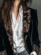 Timeless Vintage Luxury Black Velvet Blazer With Baroque Printed Lapel