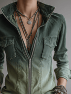 Casual Green Gradient Workwear Pocket Denim Zip-Up Blouse