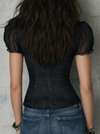 Retro Ruffled Neckline Satin Slim-fit Chiffon Short-sleeved Blouse