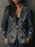 Embossed Floral Eco-Suede Blazer In Charcoal Taupe