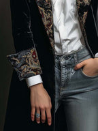 Timeless Vintage Luxury Black Velvet Blazer With Baroque Printed Lapel