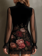 Velvet Rose Print Sheer Patchwork Mini Dress With Lace Trim