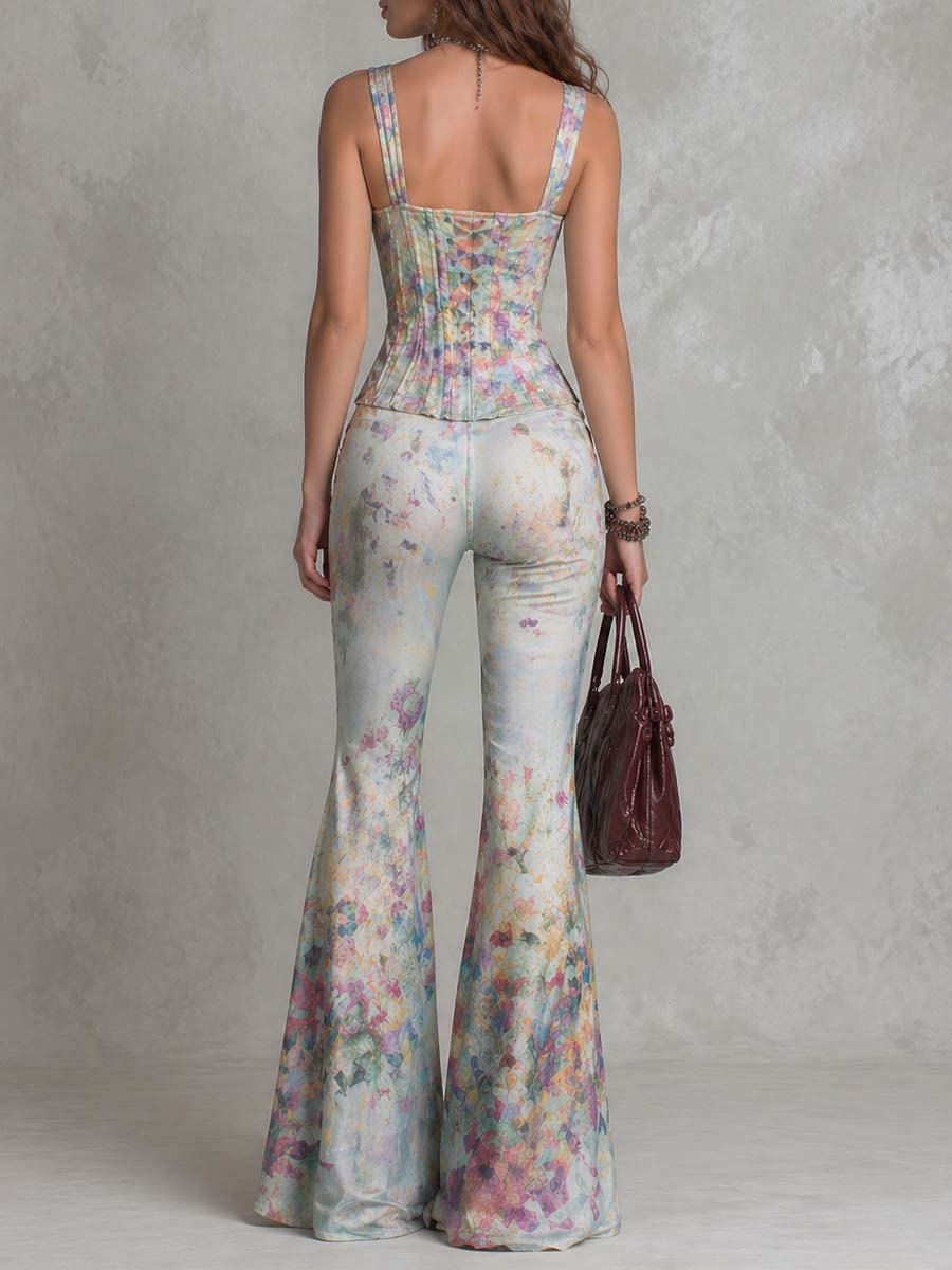 Watercolor Floral Corset-Style Cami And High-Waisted Flared Pants Two-Piece Set