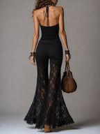 Retro Shirred Tank Top & Lace-Paneled Flared Pants Set