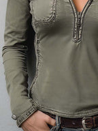 Slim Fit Western Utility Washed Green Zip-Up Top