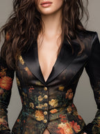 Elegant Oil Painting-style Floral Print Fitted Satin Blazer