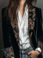 Timeless Vintage Luxury Black Velvet Blazer With Baroque Printed Lapel