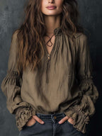 Boho Ruffled Cuff Half-Zip Blouse