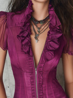 Retro Ruffled Neckline Satin Slim-fit Chiffon Short-sleeved Blouse